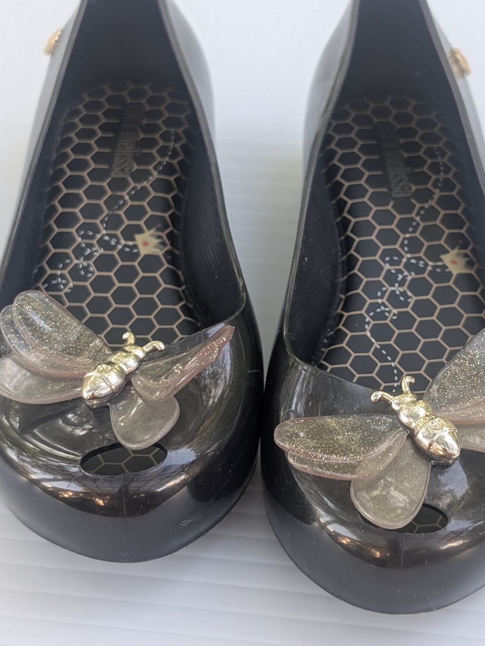 Mini Melissa Black Jelly Flats with Gold Bee and Glitter Wings